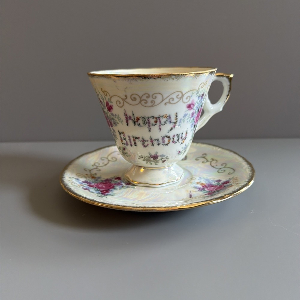 Vtg Arnart KPM Iridescent "Happy Birthday" Teacup and Saucer Gold Trim Flowers